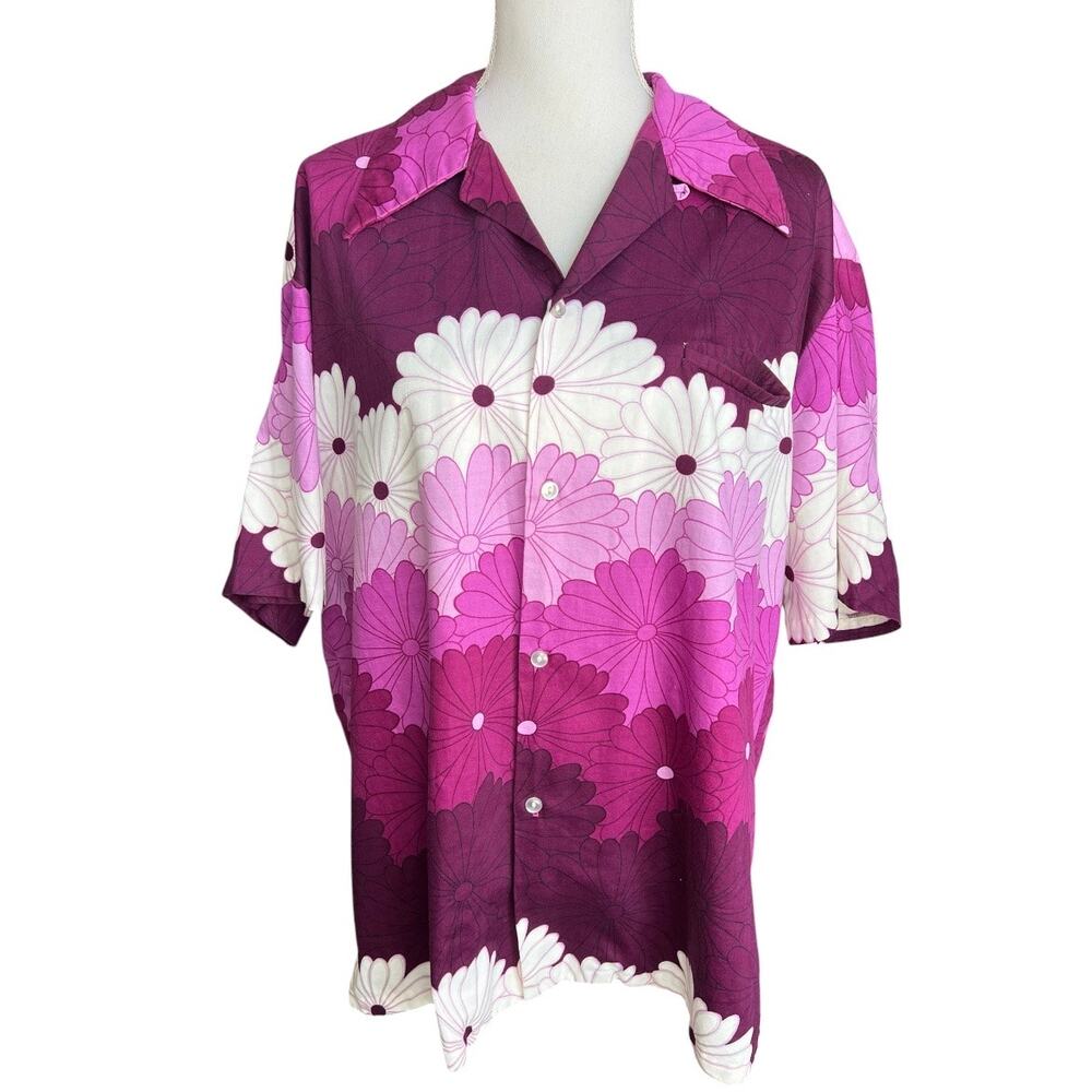 Vintage 70s Lauhala purple floral button down shirt Hawaiian retro tiki xl